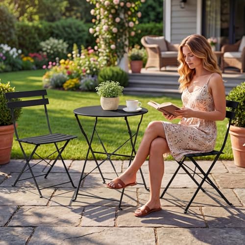 Grand patio 3-Piece Folding Bistro Set, 2 Chairs and 1 Table, Weather-Resistant Outdoor/Indoor Conversation Set for Patio, Yard, Garden-Black