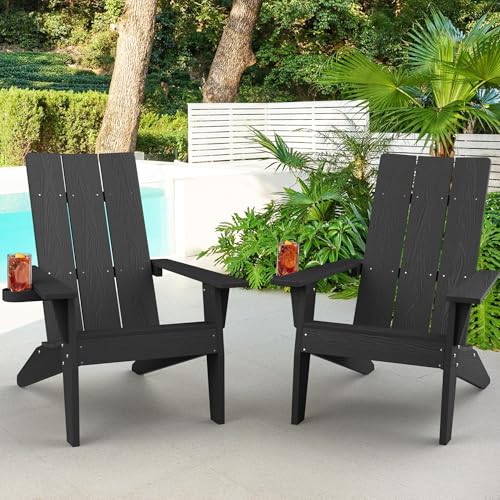 MXIMU Adirondack Chairs Set of 2 Outdoor: Oversized Modern Adirondack Chairs with Cup Holder - All-Weather Plastic Composite Material - Ergonomic Support for Adults to Relax in Lawn & Backyard (Black)