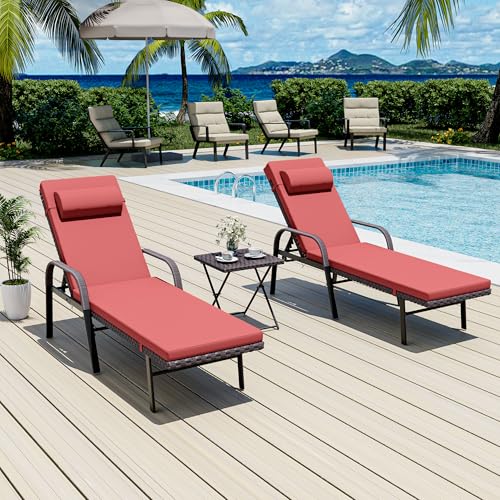 ASJMR Patio Chaise Lounge Set 3 Pieces Outdoor Lounge Chair with Rattan Adjustable Backrest Armrest and Folding Table for Beach Patio,Sand, for Poolside Backyard Porch