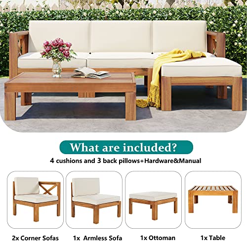 YSWH 5-Piece Patio Acacia Wood Outdoor Furniture Sectional Conversation Sets Sofa Set with Slatted Tabletop Tea Table and X-Back Wood Frame, Removable Cushions