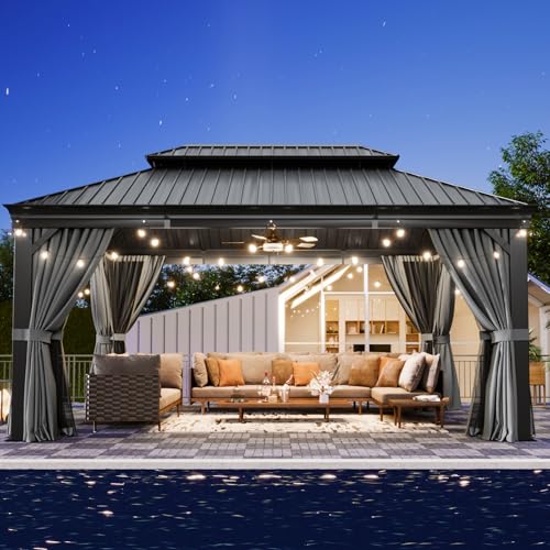Aoxun 12' X 16' Hardtop Gazebo with Drainage System, Aluminum Outdoor Gazebo with Galvanized Steel Double Roof, Patio Permanent Metal Pavilion with Netting, for Garden, Deckyard, Grey