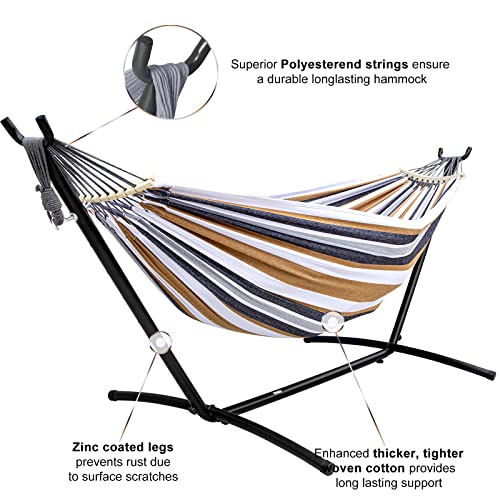 SZHLUX Double Hammock with Stand Included 450lb Capacity Steel Stand, Premium Carry Bag Included and Two Anti Roll Balance Beam, Portable Hammock with Stand for Backyard, Camping,Garden Brown Stripes