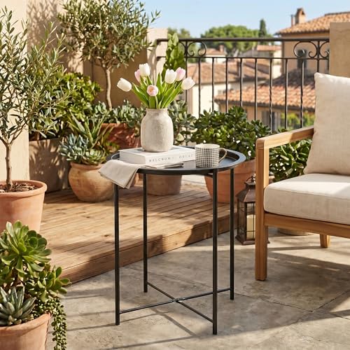VECELO Side/End Table, Folding Round Metal Anti-Rust and Waterproof Outdoor or Indoor Tray for Living Room Bedroom Balcony and Office, 2 PCS, Black