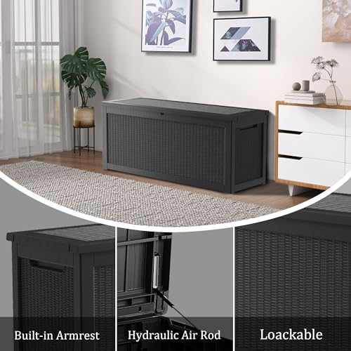 TARKARI 320 Gallon Lockable Resin Deck Box, Waterproof & UV-Resistant Outdoor Storage Box for Outdoor Cushion Storage, Garden Tools & Pool Accessories Storage, Black