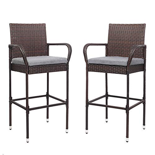 VINGLI Outdoor Bar Stools Set of 2, All-Weather Wicker Outdoor Barstools with Cushion, Patio Bar Stools for Garden Pool Lawn Backyard