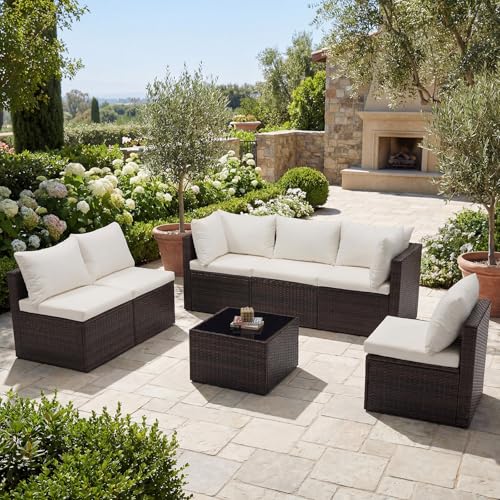 DUMOS 7 Piece Outdoor Patio Sectional Sofa, Modular Wicker Furniture Set with 2.8" Thick Cushions, Adjustable Feet, Weather-Resistant Rattan Outdoor Couch for Backyard, Deck, Garden, Poolside, Brown