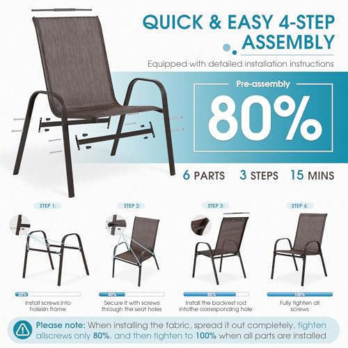 Villeston 24.4" Wide Outdoor Stackable Chairs Set of 4, Stacking Patio Chairs with Textilene Fabric, Outside Furniture for Garden Backyard Balconie Poolside Deck, Brown