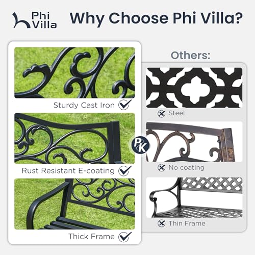 PHI VILLA 50-Inch Cast Iron Steel Frame Garden Bench Outdoor Patio Bench Chair w/Floral Design Backrest, Slatted Seat for Park, Yard & Porch, Black
