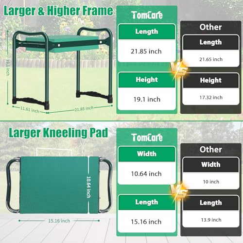TomCare Garden Kneeler and Seat 10.64” Wider Larger Soft Kneeling Pad Garden Bench with 2 Large Tool Pouches Heavy Duty Garden Stool Foldable Tools Gardening Gifts for Women Men Gardeners