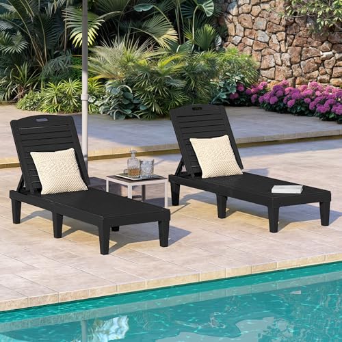 DWVO Outdoor Plastic Chaise Lounger, Poolside Lounge Chair w/5-Position Adjustable Backrest, Waterproof & Easy Setup for Patio, Poolside, Garden (Black, 1 PC)