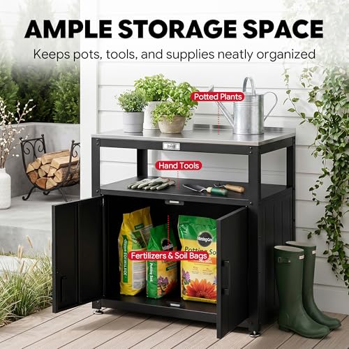 Feasto Outdoor Potting Bench with Storage, Stainless Steel Tabletop Garden Work Bench with Storage Cabinet & Removable Inner Shelf for Patio Lawn Outdoor Gardening