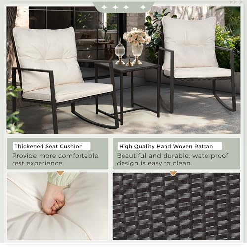SUNCROWN 3 Piece Outdoor Rocking Bistro Set Black Wicker Furniture Porch Chairs Conversation Sets with Glass Coffee Table, Beige
