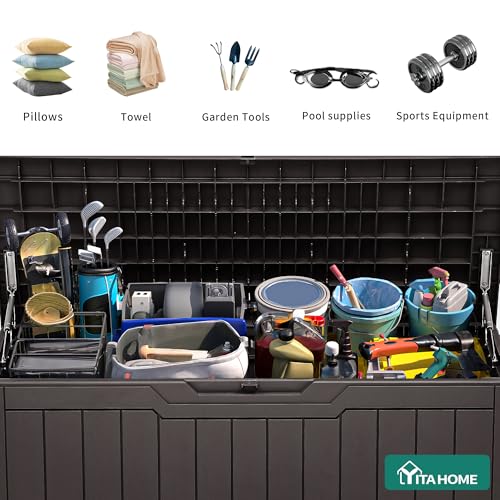 YITAHOME 100 Gallon Outdoor Storage Box, Large Water Resistant Resin Deck Box, Indoor Outdoor Lockable Storage Container for Patio, Garden, Cushions, Tools, Equipment (Dark Brown)