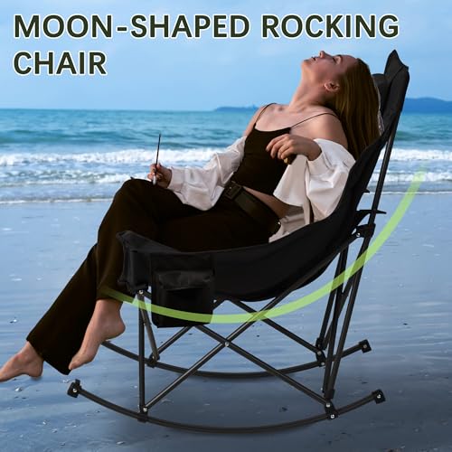 Unisakey Oversized Rocking Camping Chair with Headrest & Cup Holder - 400lbs Capacity, 600D Oxford Fabric, Easy Fold Portable Outdoor Rocker Chair for Camping, Backyard, Beach, Light Gray