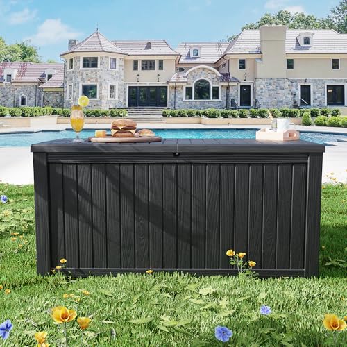 Decksplore Outdoor Storage Box Waterproof, 200 Gallon Lockable Resin Large Deck Box, Patio Storage Bin for Pool Accessories Cushion Furniture, Garden Tools, UV-Resistant Outside Delivery, Black