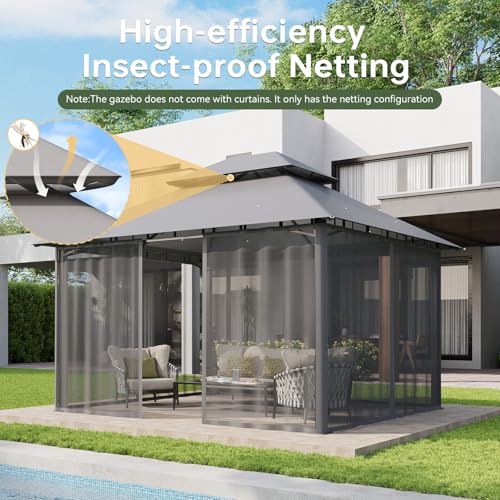 Aoxun 12x10 Gazebo with Double Roof & Mosquito Netting Outdoor Heavy-Duty Party Tent, Patio Tent with Zipper Screens - Backyard Garden Lawn Shelter Includes Wind Ropes Expansion Bolts, Gray