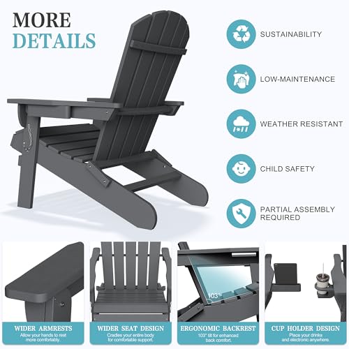 Shintenchi Folding Adirondack Chairs Set of 2,HDPE All-Weather Patio Chairs with Cup Holder & Phone Holder,Wooden Textured Fire Pit Chairs for Patio,Outside,Deck,Backyard,Dark Grey