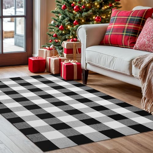 KOZYFLY Buffalo Plaid Area Rugs 3x5 Ft Black and White Checkered Rug Washable Front Door Mat Hand Woven Cotton Outdoor Rug Large Rug for Front Porch Kitchen Entryway Patio Bathroom