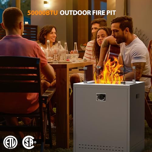 20" Square Smokeless Propane Fire Pit Table, 50,000 BTU Portable Outdoor Patio Heater with Lava Rocks, Glass Wind Guard & Cover for Deck, Backyard, Garden, Camping (Grey)