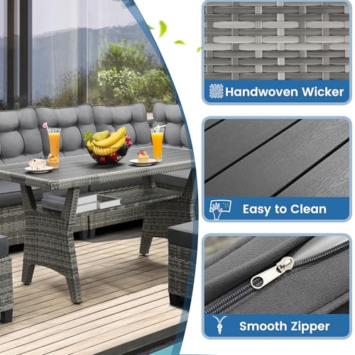 KROFEM 6-Piece Patio Furniture Set, Outdoor Sectional Sofa with Dining Table & Chairs, All-Weather Dining Set with Removable Cushion Covers, Ideal for Garden, Porch, Backyard, Grey