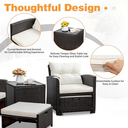 Shintenchi 5 Pieces Patio Furniture Set, Outdoor Wicker Patio Conversation Set with Ottoman, All Weather Rattan Outside Chairs with Coffee Table & Cushion for Porch, Garden, Backyard, Beige