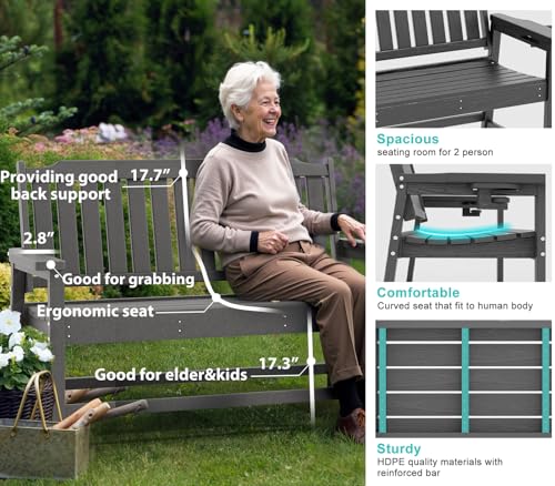WELYAS Outdoor Bench with Unique 2 Cup Holders, Easy Assemble All Weather Low Maintenance Sturdy HDPE Bench for Garden Porch 2 Person,Grey
