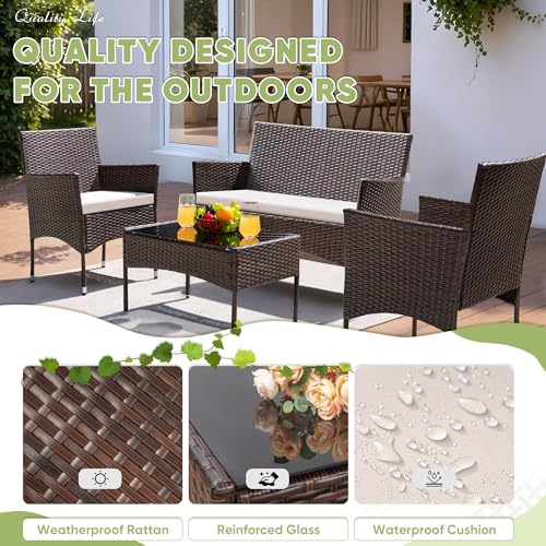 Greesum Patio Furniture 4 Pieces Conversation Sets Outdoor Wicker Rattan Chairs Garden Backyard Balcony Porch Poolside loveseat with Cushion and Glass Table, Brown and Beige