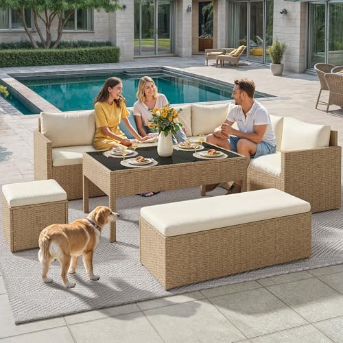 YITAHOME Outdoor Sectional Sofa Set, 6-Piece Patio Furniture with Lift-Top Table & Ottoman, All-Weather Wicker Conversation Set for Porch, Deck, Backyard (Light Brown and Beige)