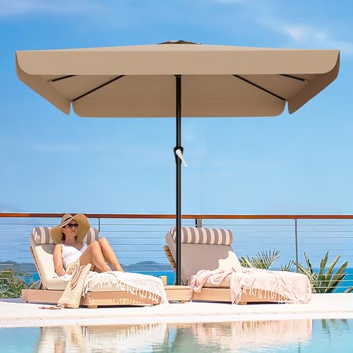 AreShark 8 X 10 FT Large Rectangular Patio Umbrella with Valance, Outdoor Table Market Umbrella w/Crank & 8 Ribs, Rectangle Outdoor Umbrellas for Garden, Deck, Yard and Poolside, Beige