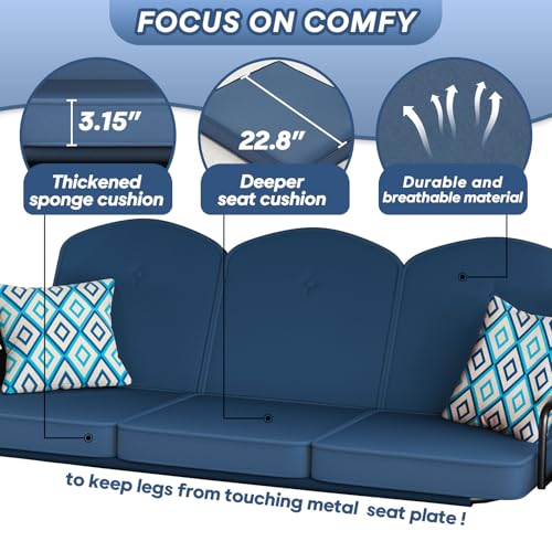 ZZW 3 Seat Outdoor Porch Patio Swing with Stand 800lbs 2-in-1 Convertible Swing Bed with Adjustable Canopy & Removable Cushion for Yard Garden Deck (Blue, Round Tube)