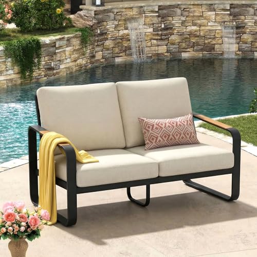 Tribesigns Outdoor Loveseat with Tall Back & Oversized Seat, Modern Metal Frame Patio 2-Seater Sofa with 6'' Thick Cushions, All-Weather Conversation Sofa for Backyard, Porch, Balcony, Poolside, Beige