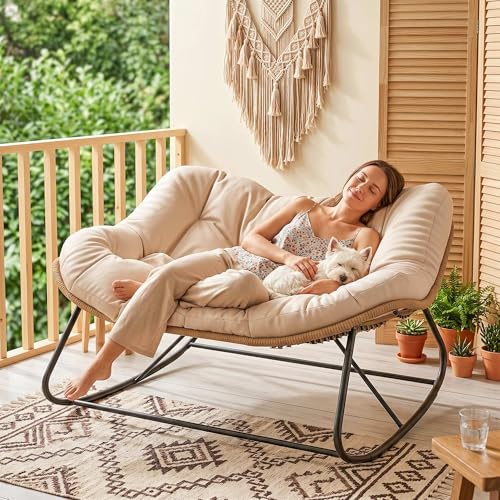 Outsunny Double Papasan Rocking Chair, Wicker Oversized Indoor Outdoor Rocking Papasan Chair with Cushion, PE Rattan Outdoor Rocker Egg Chairs for Living Room, Garden, Patio, Balcony, Cream White