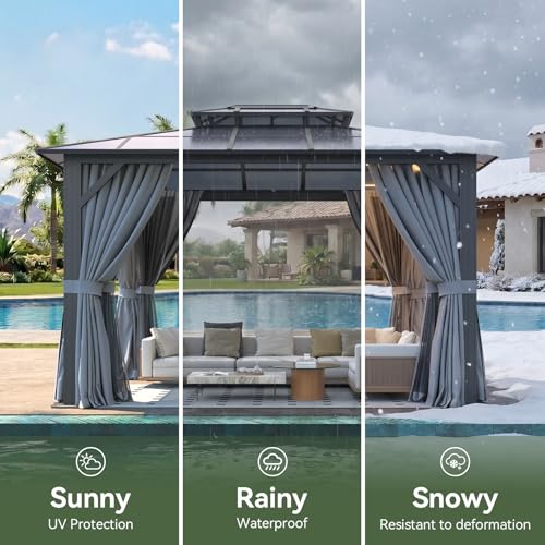 Breezestival 10'x12' Hardtop Gazebo Outdoor Permanent Gazebo with Double Polycarbonate Roof Canopy, Aluminum Frame Permanent Pavilion with Curtains and Netting for Patio,Garden,Lawns