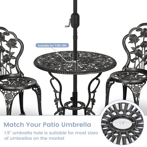 Sundale Outdoor Cast Aluminum Bistro Set of 4, Patio Conversation Set with Umbrella Hole for Balcony All Weather Resistant Antique Finish Patio Porch Yard Black Rose
