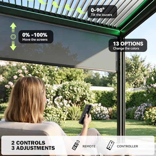 MELLCOM Motorized Louvered Pergola 12x20, Solar & Electric Powered with LED Lights and 6 Side Screens, Aluminum Adjustable Louvered Roof, Weatherproof Outdoor Shelter