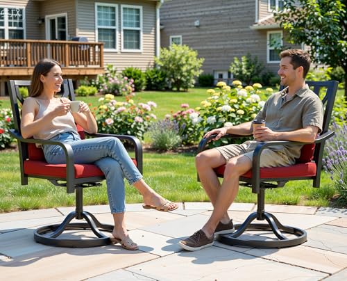 DWVO Swivel Patio Chairs Set of 2, Heavy-Duty Outdoor Swivel Chairs with 352lbs Capacity, All-Weather Metal Frame & Red Plush Cushions with Lumbar Pillow for Patio Deck Poolside Balcony Backyard