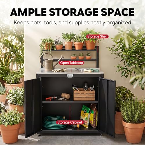 Feasto Outdoor Potting Bench Table with Storage Cabinet, Stainless Steel Garden Workstation, Raised-Edge Top, Adjustable Shelf & Removable Hutch for Patio, Balcony & Outdoor Workspace, Black