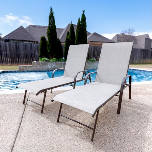 Crestlive Products Outdoor Chaise Lounge Chair,5-Position Pool Lounge Chairs with Armrests Sunbathing Recliner for Patio, Beach, Deck, Yard (2PC Beige)