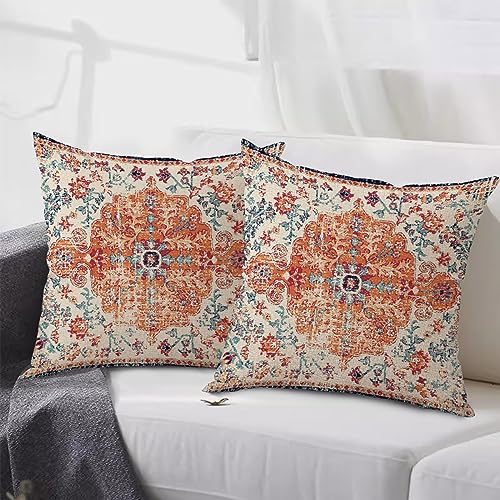 Gujiahone Outdoor Waterproof Pillow Covers 18X18 Inch Set of 2 - Bohemian Vintage Carpet Pattern Orange Blue Ethnic Design Decorative Farmhouse for Couch Garden Balcony