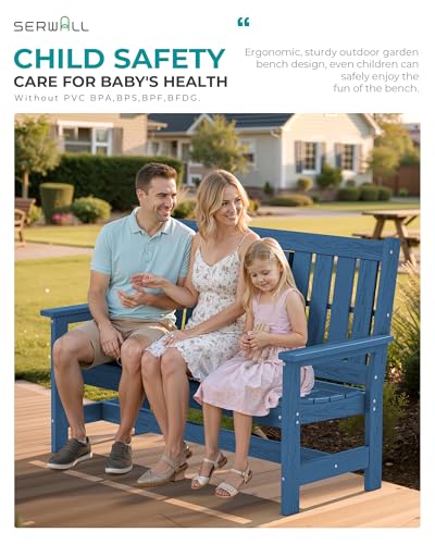 SERWALL Outdoor Bench with Cup Holder, Oversized 58" HDPE Porch Bench Suitable for 3 Person, All Weather Patio Benches with High Backrest for Garden, Park, Yard, Front Porch, Navy