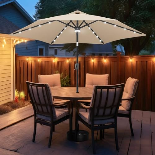 FLAME&SHADE 10ft Solar Outdoor Umbrella - 24 LED Lighted Patio Umbrella with Centre Surround Light, Table Umbrellas with Tilt & Crank for Pool, Porch, Garden, Deck, Backyard UV Protection (Beige)