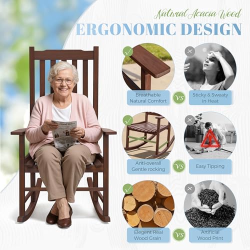 Flamaker Acacia Wood Patio Rocking Chair Set of 2, High Back and Widen Armrest for Adults, Solid Wood Porch Rocking Chair for Lawn, Garden, Backyard (Brown)