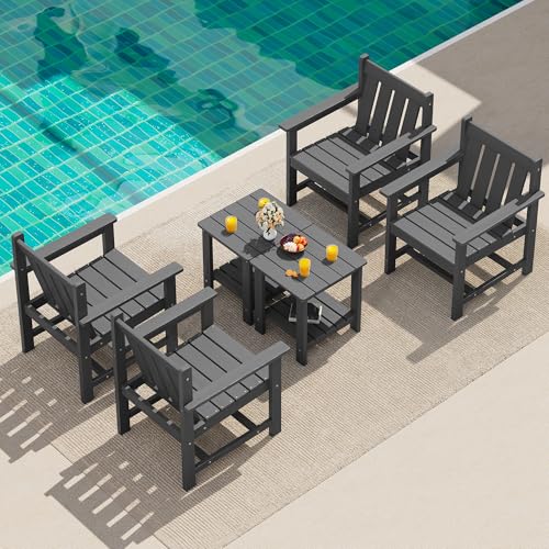 SEWRWALL 3 Pieces Patio Bistro Set, All Weather Adirondack Chair Set with Side Table, HDPE Material Outdoor Patio Furniture Set for Balcony, Porch, Garden, Backyard- Gray
