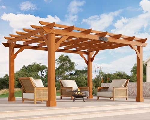 Jocisland 10x12 FT Premium Cedar Wood Pergola with Trellis Roof & Weather-Resistant Support, Outdoor Pergola Kit with Stakes, Garden Gazebo for Patio, Backyard & Events, Reddish-Brown