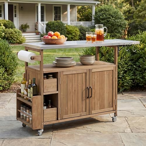 Christopher Knight Home Edsel Outdoor Bar Cart with Stainless Steel Top and Lockable Wheels, Solid Wood Outdoor Storage Cabinet, Kitchen Island Serving Cart for Poolside, Garden, Natural Brown+Silver
