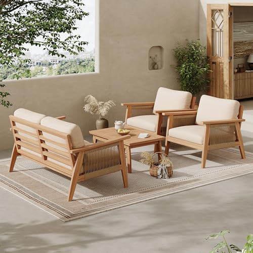 Christopher Knight Home Lorna 4-Seater Patio Furniture Set with Removable Cushion, 4 Piece Outdoor Acacia Wood Conversation Set, Sold Wood Outdoor Sectional Sofa Set with Coffee Table, Teak+Beige
