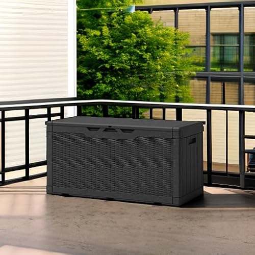 Patiowell 100 Gallon Resin Deck Box, Waterproof Large Outdoor Storage Box for Patio Furniture and Garden Tools, Black