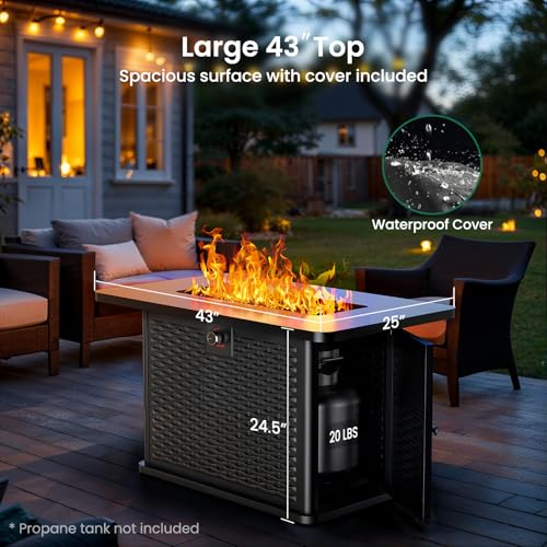 Ciays 43-Inch Rectangular Propane Fire Pit with 60,000 BTU Output, Gas with Rocks, Table CSA-Certified 2 in 1Table Gatherings Parties with 304 Stainless Steel H-Burner
