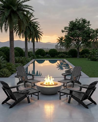 NAVINE Adjustable Adirondack Chair with Retractable Ottoman Set of 2, HDPE Folding Adirondack Chair with Cup Holder, All Weather Fire Pit Chair for Outdoor.