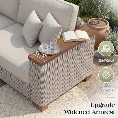 PaPaJet 6-Piece Wicker Patio Furniture Set with Solid Wood Armrest, Outdoor Patio Set with Thick Legs, UV-Resistant Modular Outdoor Sectional Sofa for Backyard, Porch, Garden
